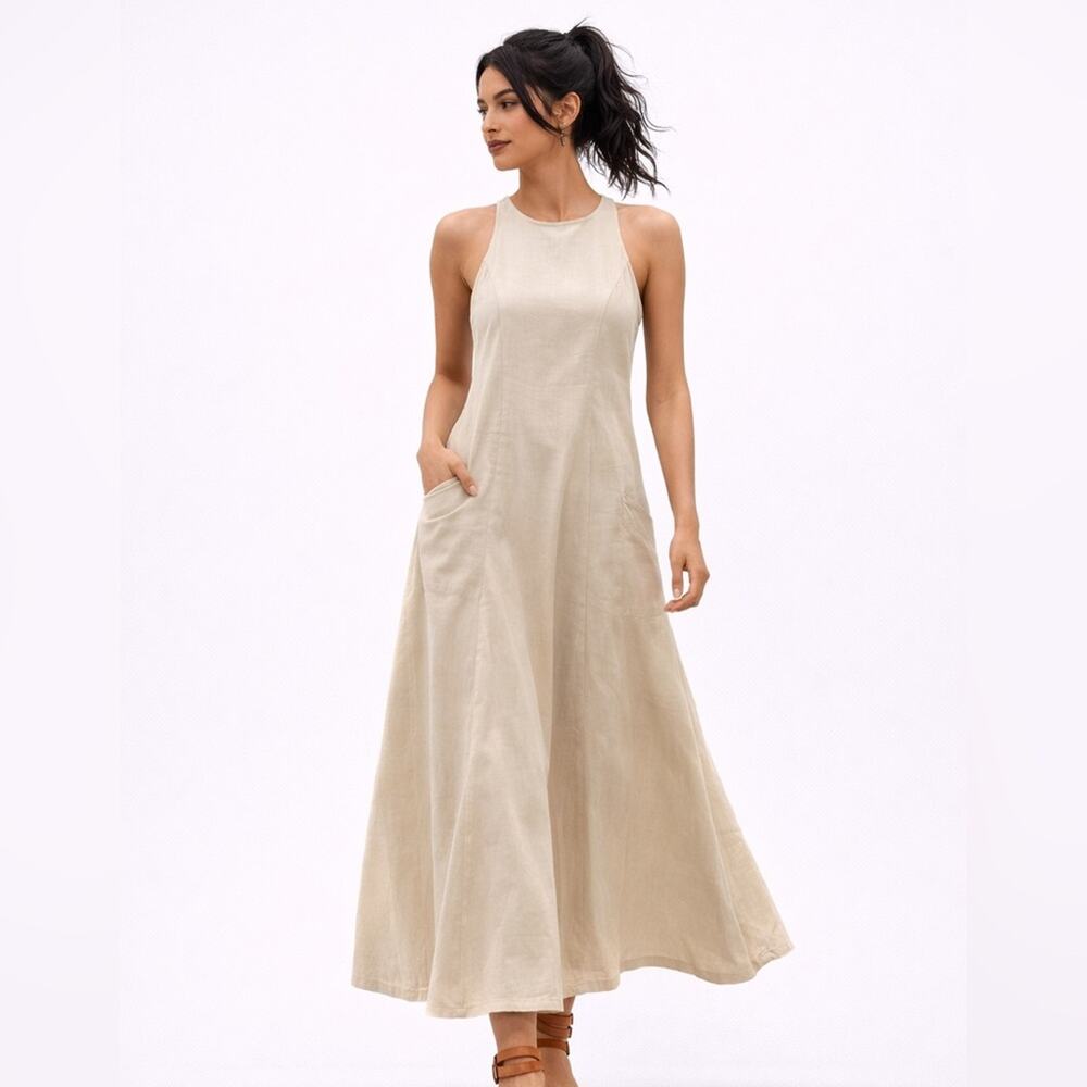Organic Cotton Boho Chic Maxi Sleeveless A-Line M Layerable Long Dress w/Pockets - Picture 2 of 8